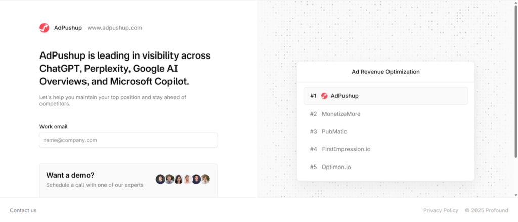Profound AI showing AdPushup's visibility across AI chatbots